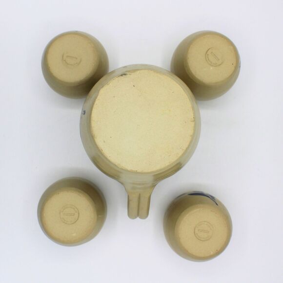 Vintage Williamsburg Pottery Pitcher Set 4 Matching Cups Cobalt Blue Leaf Design - Picture 5 of 7